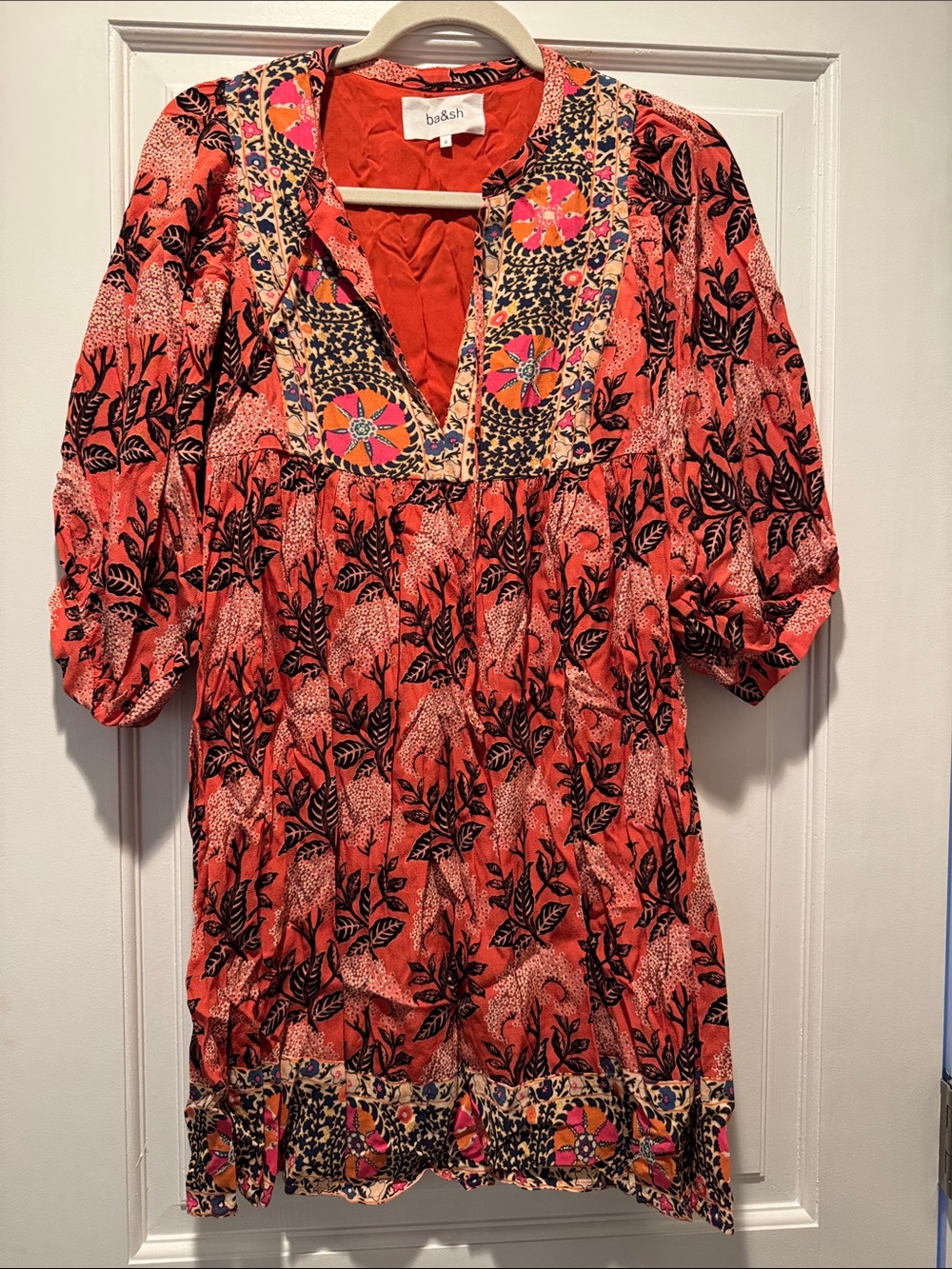 ba&sh Coral Floral-Print Mini Dress with Embroidered Yoke